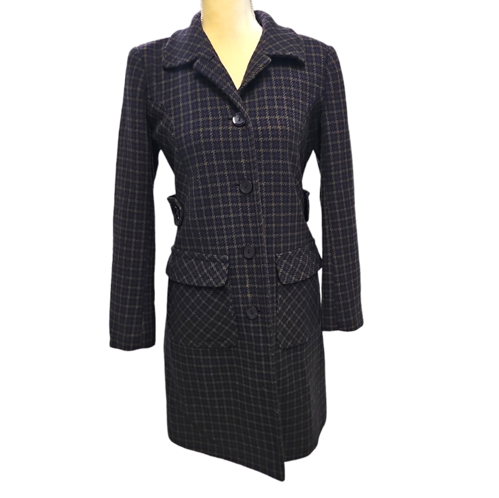 Moda International Checkered Trench Coat, Size 4, Wool Blend, Purple & Gold